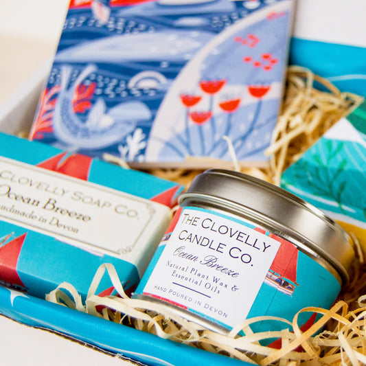 Beach Lovers Gift Set with Cornish Coaster, Devon handmade soap and ocean breeze candle, Cornish chocolate in a Sand and Sparkle gift box