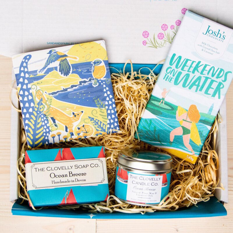 Beach Lovers Gift Set with Cornish Coaster, Devon handmade soap and ocean breeze candle, Cornish chocolate in a Sand and Sparkle gift box