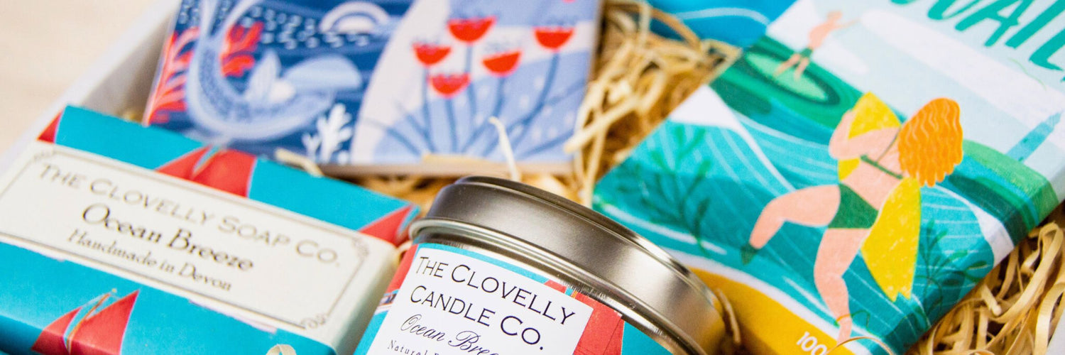Beach Gift Set with Devon candle and soap and Cornish coaster and chocolate