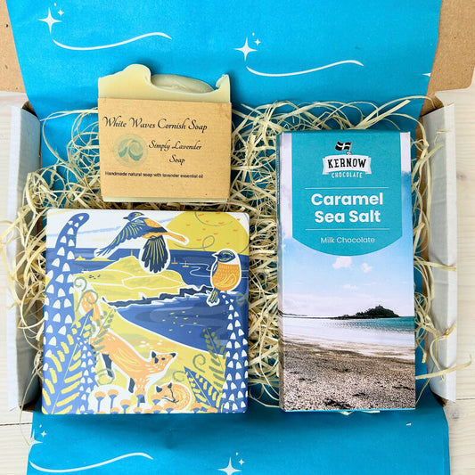 Cornish Coastal Gift Set - Letterbox - with illustrated Cornish coaster, handmade Cornish soap and Cornish artisan chocolate from Kernow Chocolate