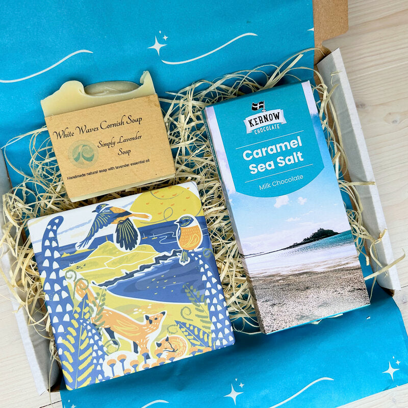 Cornish Coastal Gift Set - Letterbox - with illustrated Cornish coaster, handmade Cornish soap and Cornish artisan chocolate from Kernow Chocolate