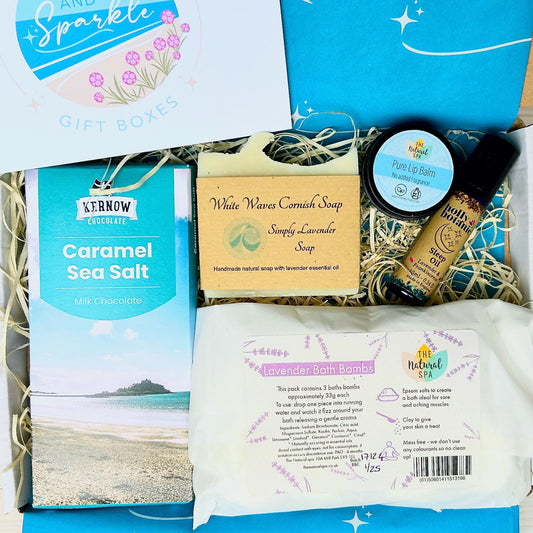 Letterbox Pamper Gift Set with Devon and Cornish products including chocolate, handmade soap, bath bombs, sleep oil and natural lip balm