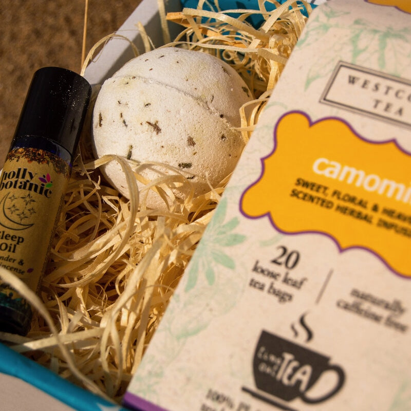 Relaxation Gift Set - Mini - with Devon made aromatherapy sleep oil, ocean breeze bath bomb and chamomile tea