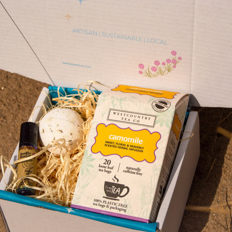 Relaxation Gift Set - Mini - with Devon made aromatherapy sleep oil, ocean breeze bath bomb and chamomile tea