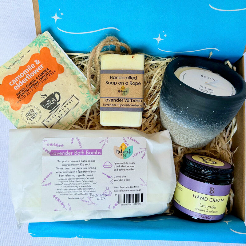 Relaxation Gift Box_Eco Friendly Gift Box from Sand and Sparkle with artisan Cornish gifts and Devon gifts including candle, hand cream, bath bomb, handmade soap, herbal tea