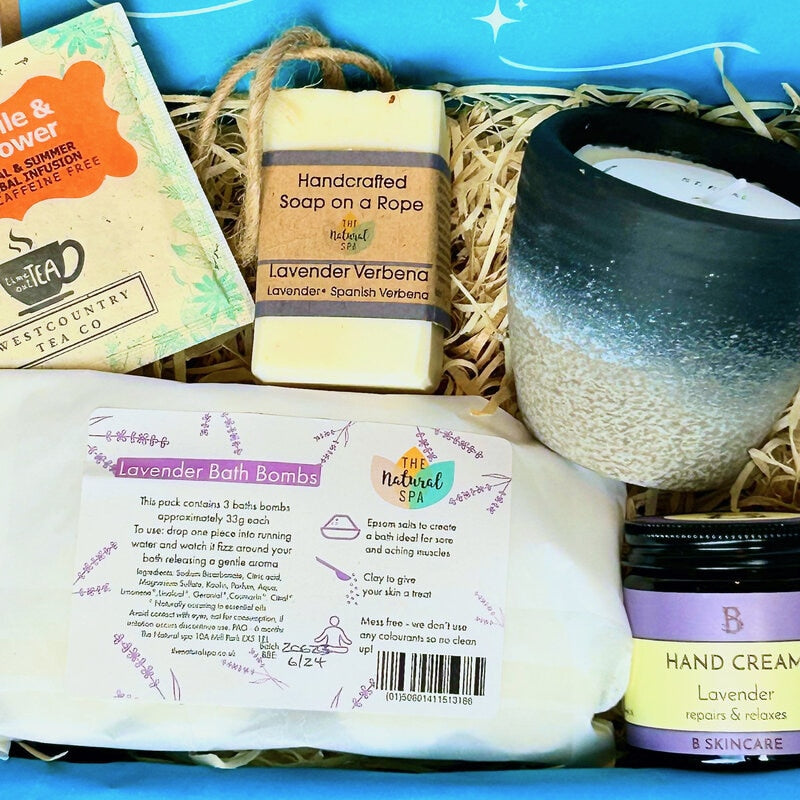 Relaxation Gift Box_Eco Friendly Gift Box from Sand and Sparkle with artisan Cornish gifts and Devon gifts including candle, hand cream, bath bomb, handmade soap, herbal tea